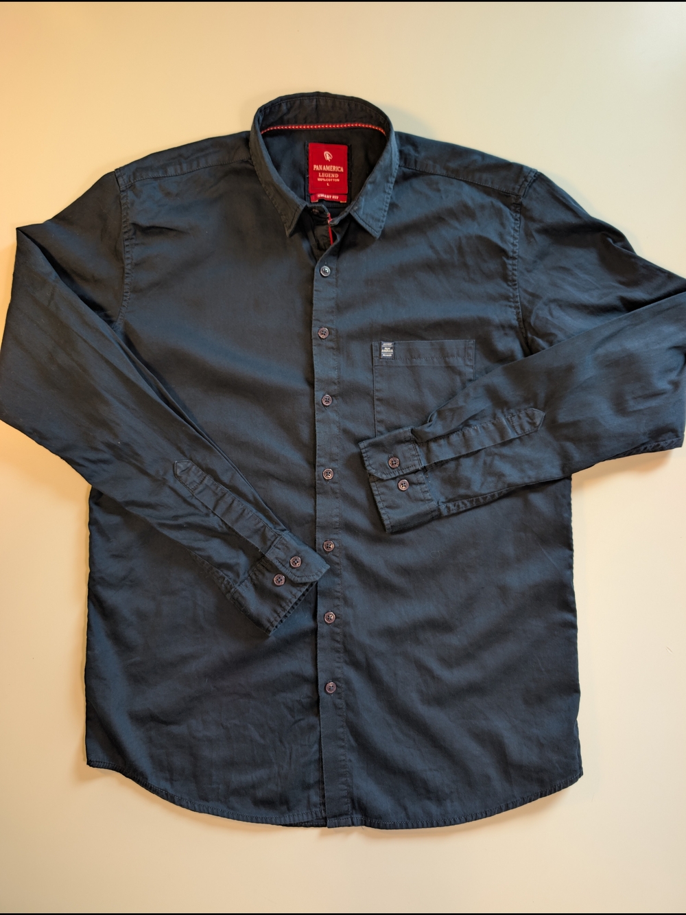 Pan America Legend Smart Fit Cotton Button Down Shirt Large Navy Blue EUC